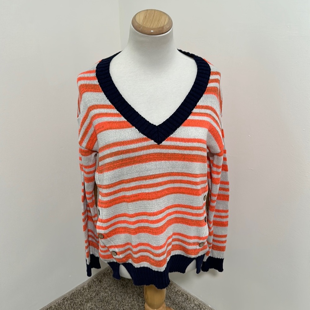 Striped V-Neck Sweater - Orange and Navy